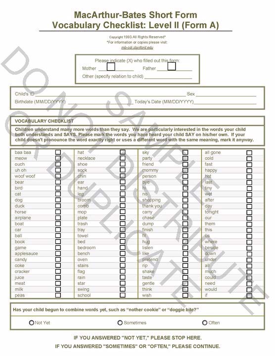 Macarthur Bates Communicative Development Inventory Words And Sentences